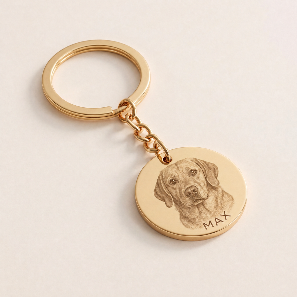 Pet portrait keyring in yellow gold, the dog's photo engraved on a 20mm disc with his name beneath