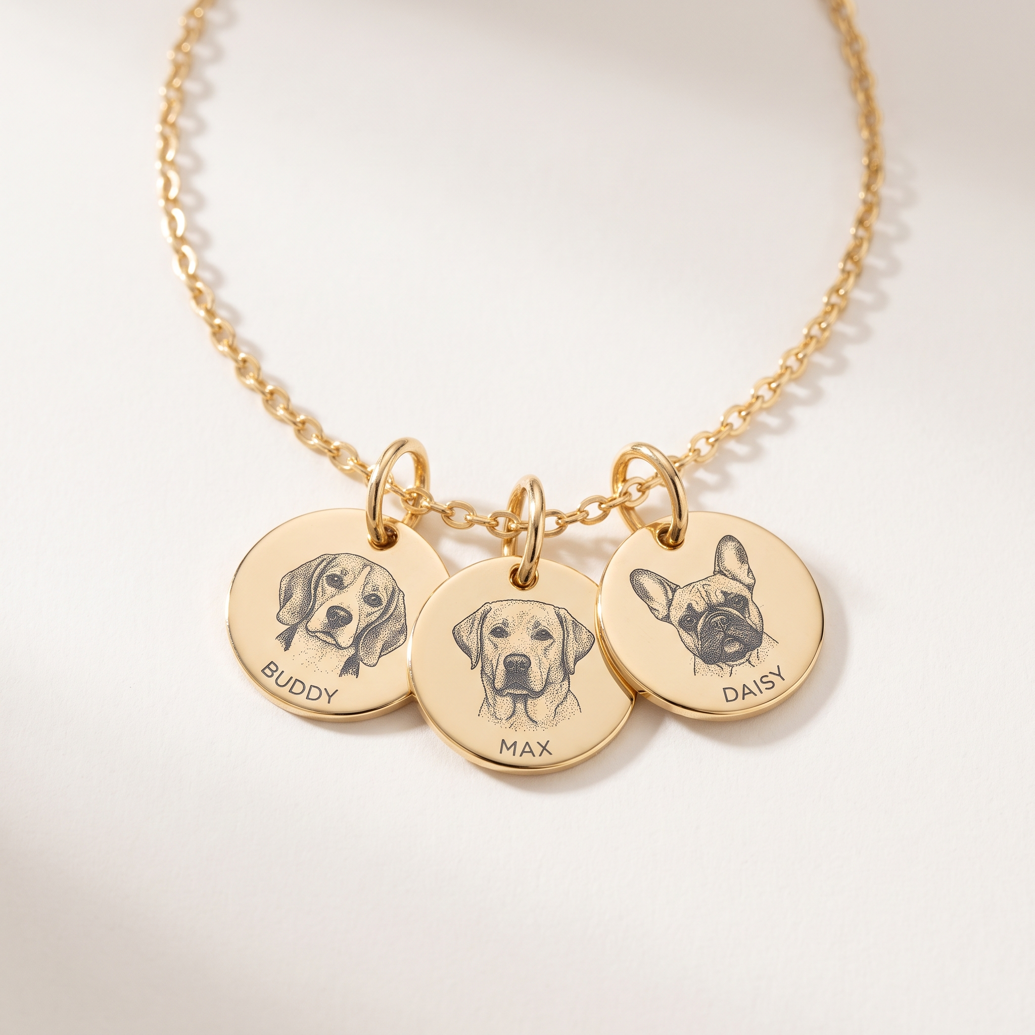 Three engraved pet portrait pendants on one gold chain, one for each pet