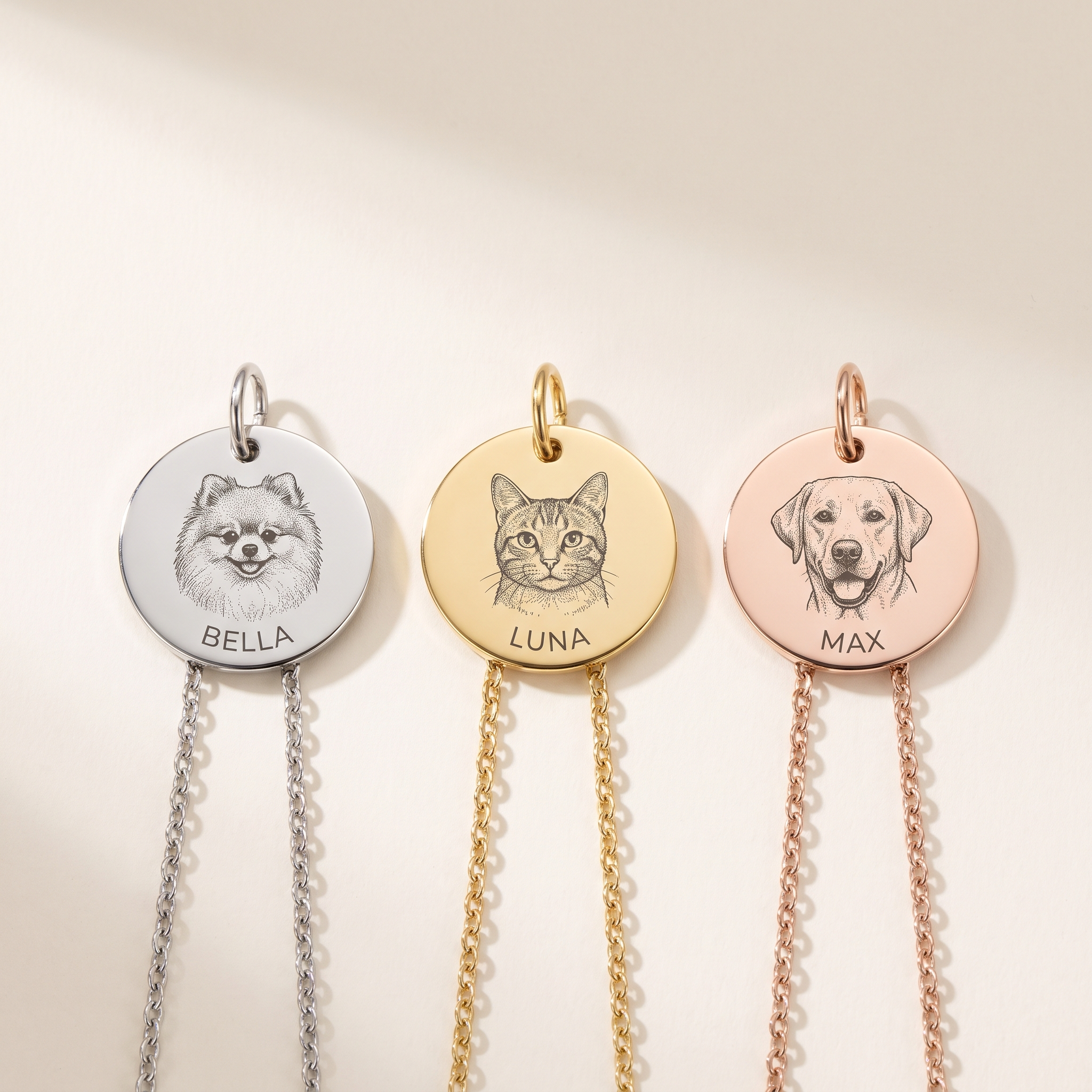Pet portrait necklace shown in all three finishes: silver steel, gold and rose gold