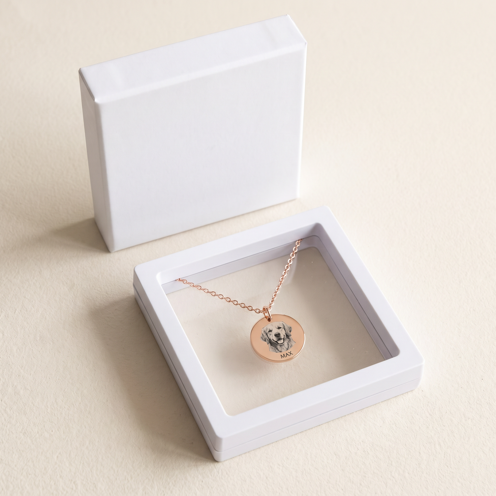 Pet portrait necklace presented in the white Keepling gift box