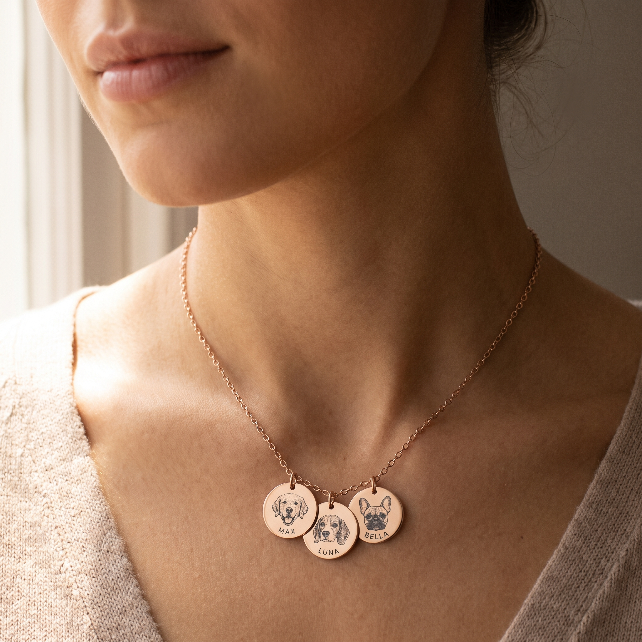 Woman wearing three rose gold pet portrait pendants on a fine chain at the collarbone