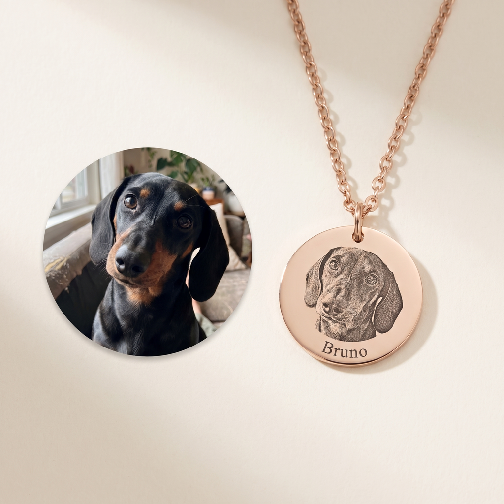 The customer's photo of their dachshund beside the same dog laser-engraved on a rose gold pendant
