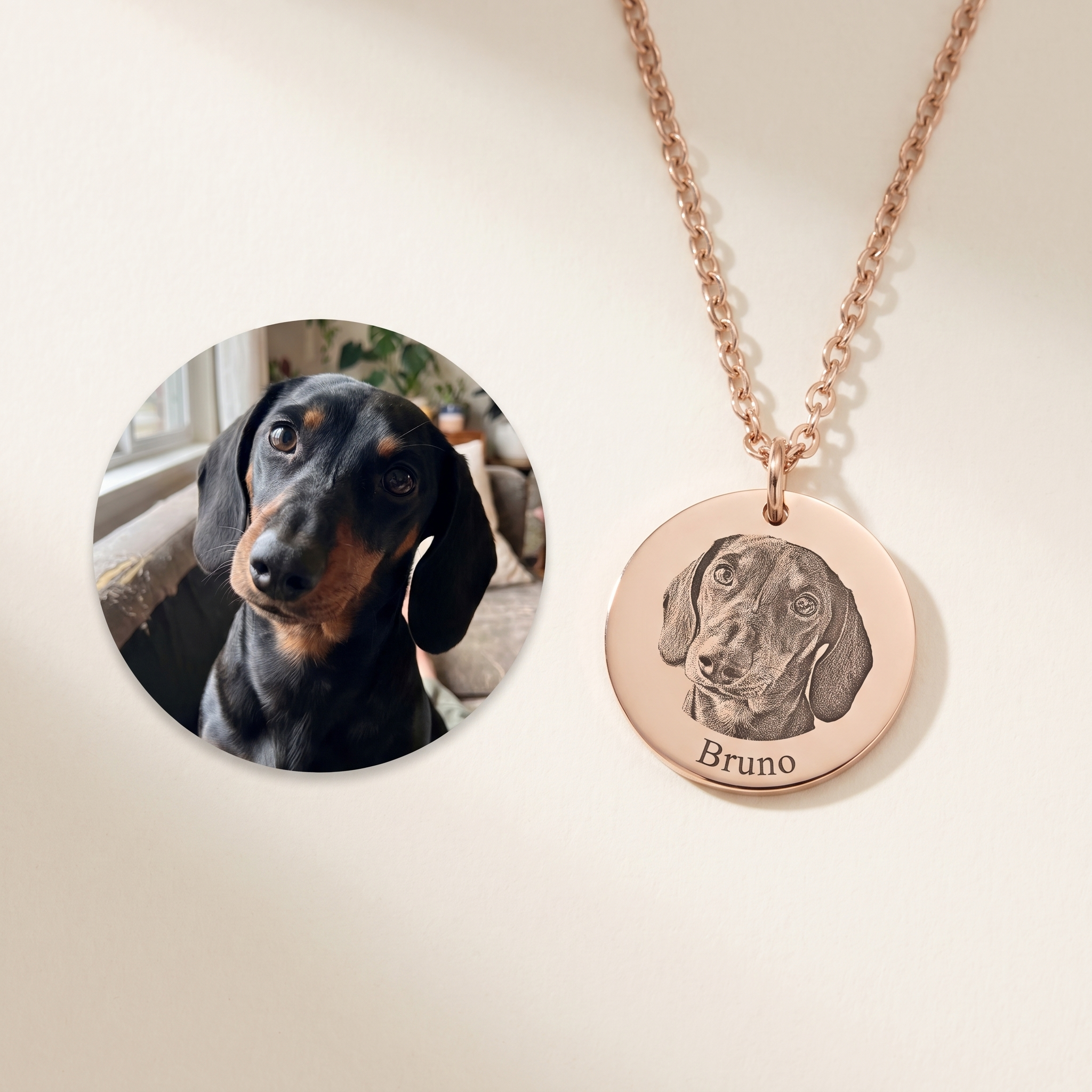 The customer's photo of their dachshund beside the same dog laser-engraved on a rose gold pendant