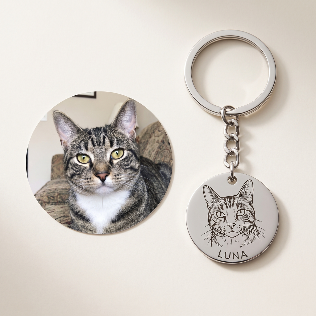 The customer's photo of their tabby cat beside the same cat engraved on the steel keyring disc