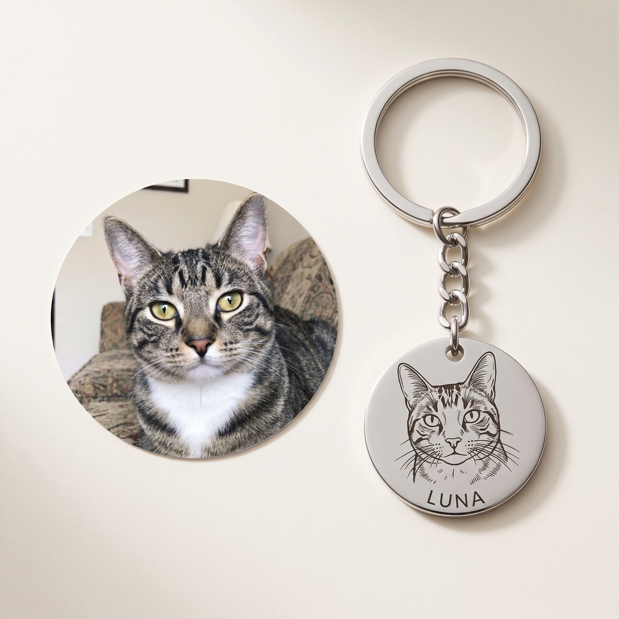 The customer's photo of their tabby cat beside the same cat engraved on the steel keyring disc