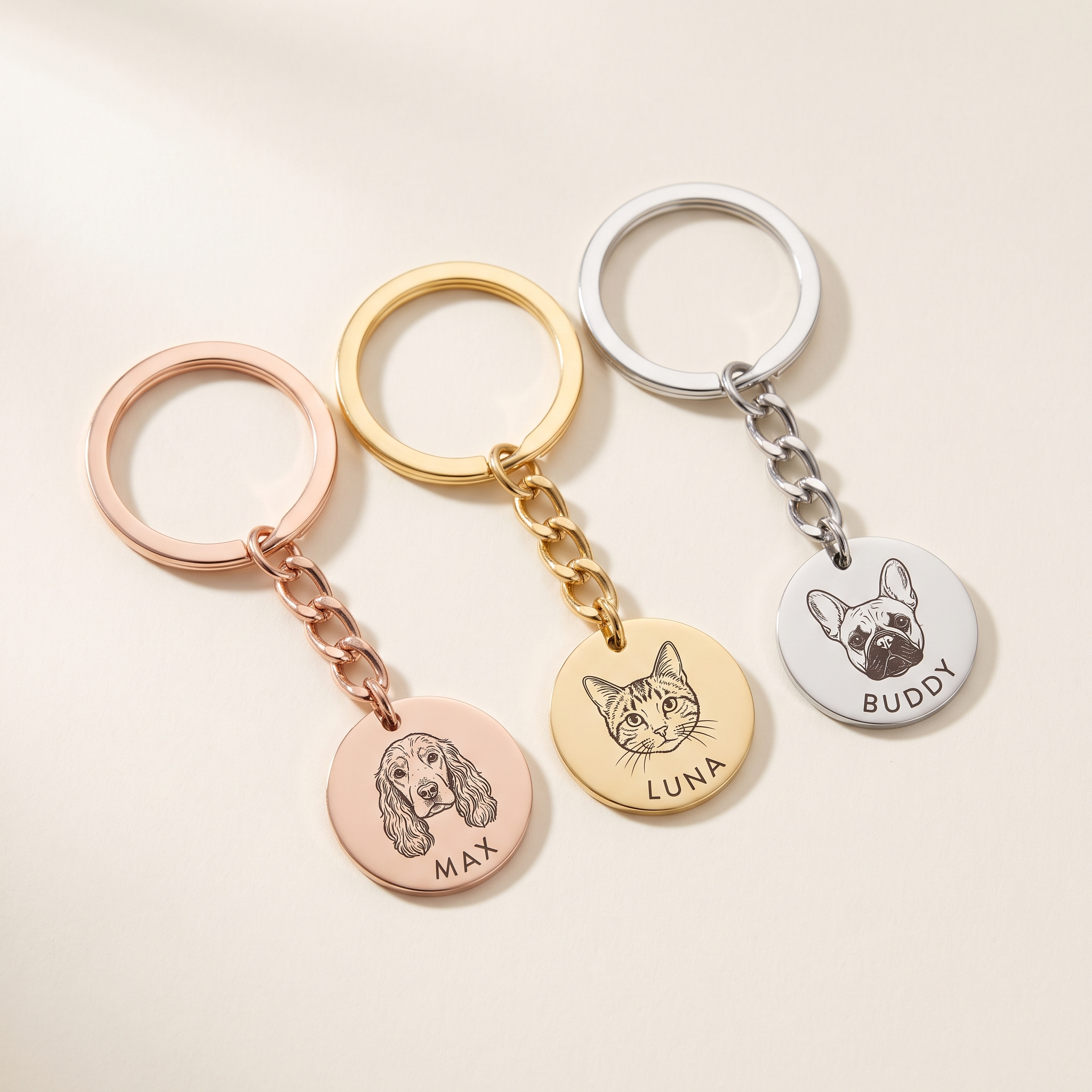 Pet portrait keyring in all three finishes: rose gold, gold and silver steel