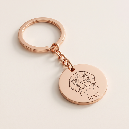 Personalised pet portrait keyring in rose gold, dog photo engraved on a 20mm steel disc with the pet's name curved beneath