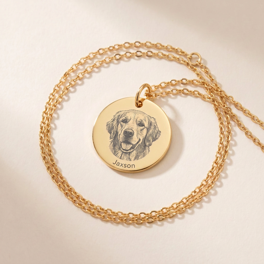 A single pet portrait pendant in yellow gold, the dog's photo laser-engraved on a 20mm disc with his name beneath