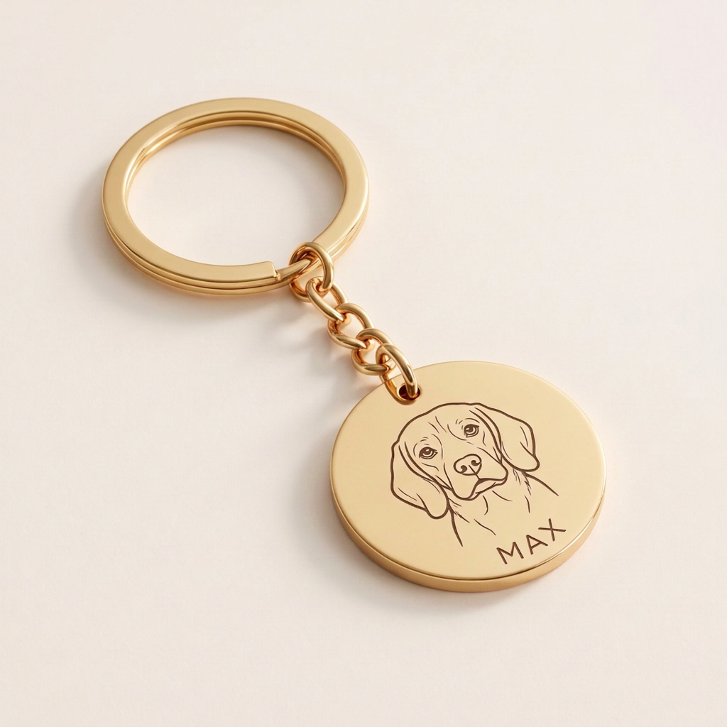 Pet portrait keyring in yellow gold, the dog's photo engraved on a 20mm disc with his name beneath